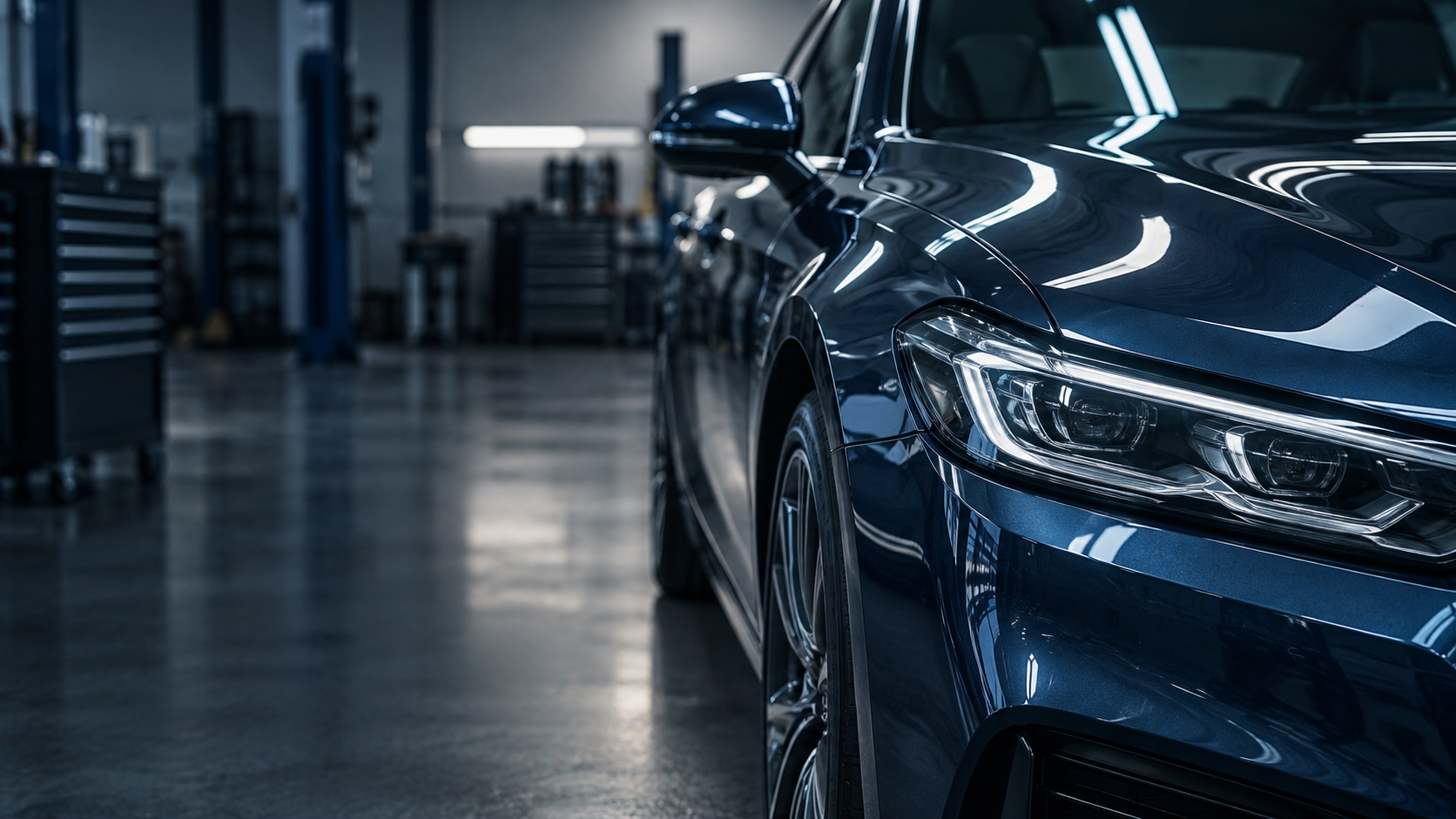 Dark blue sedan with a polished fender and headlight in an auto body workshop