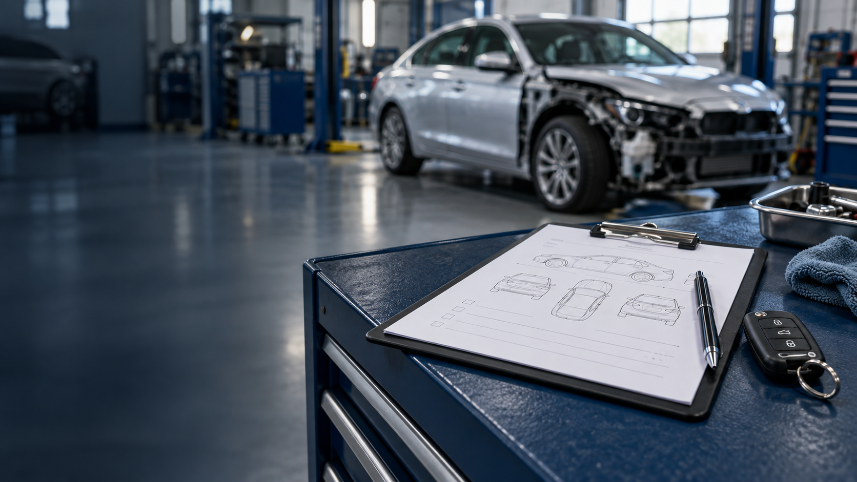 Vehicle inspection clipboard and car keys in a collision repair workshop