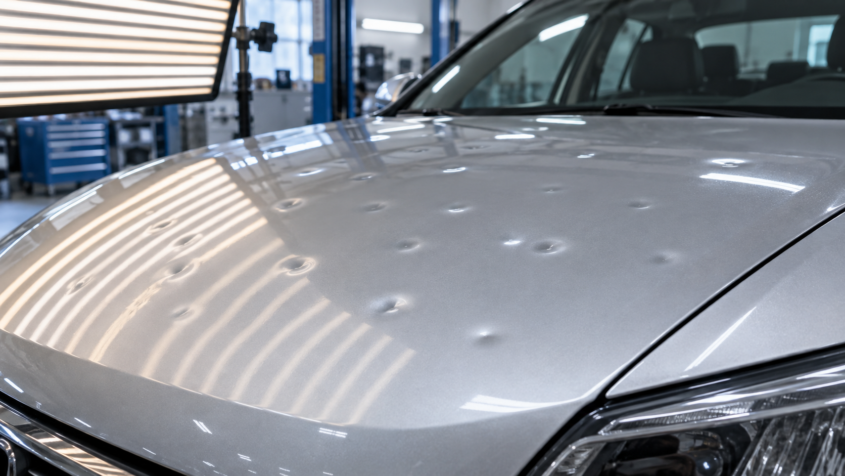 Shallow hail dents on a silver car hood under an inspection light